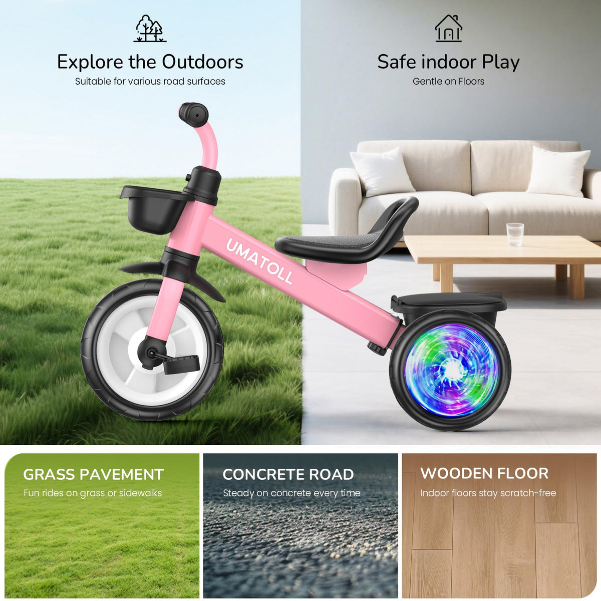 Umatoll Tricycle for 2-5 Year Old, Birthday Gift for Girl Age 2-4 | Adjustable Kids Bike Outdoor Toys, Trike with Light up Wheels