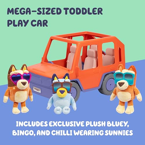 Bluey Big Heeler 4WD Toy Car, Bingo & Chilli Plush Buddies | Mega-sized car with opening hood storage & sticker sheet; Bluey toys for kids ages 3+, Amazon Exclusive
