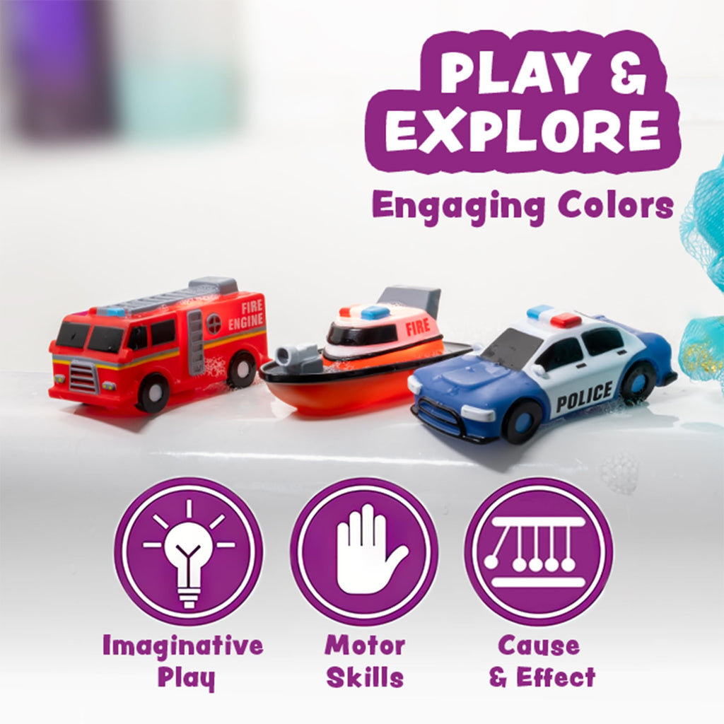 Tub Works® Emergency™ Cars Light Up Bath Toys, 6 Pack | Water-Activated Light Up Toys Flash & Change Colour | Soft, Squeezable Baby & Toddler Bath Toys | Sensory Toys with Bath Lights for Kids Bath