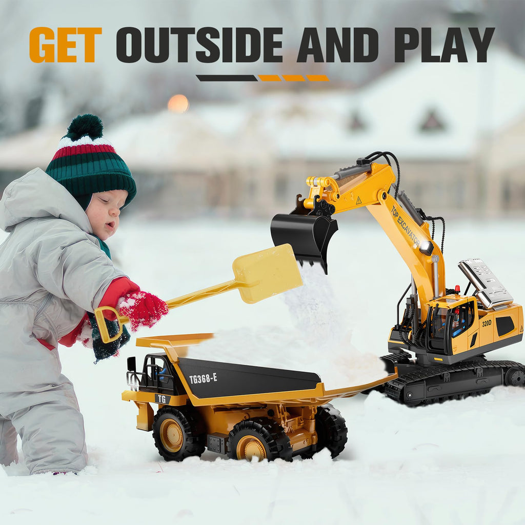KIDMARKT Remote Control Excavator Toy for Boys, 11-Channel RC Construction Truck with Metal Parts, Lights & Dual Batteries, 120 Minutes Playtime, Rechargeable Digger Toy for Kids Ages 3-12, STEM Gift
