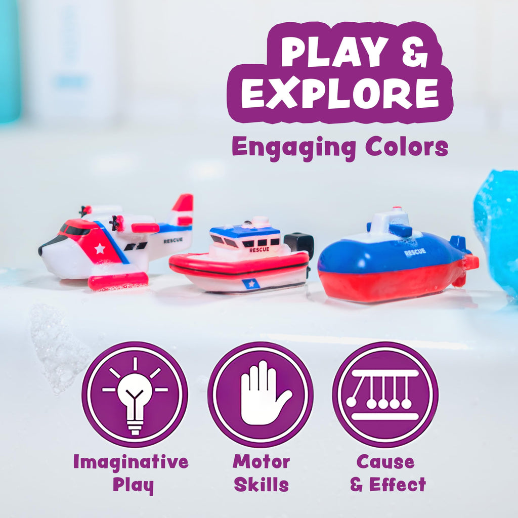 Tub Works® Ocean Rescue™ Vehicles Light Up Bath Toys, 6 Pack | Water-Activated Light Up Toys Flash & Change Color | Easy-Grip Baby & Toddler Bath Toys | Sensory Toys with Bath Lights for Kids Bath