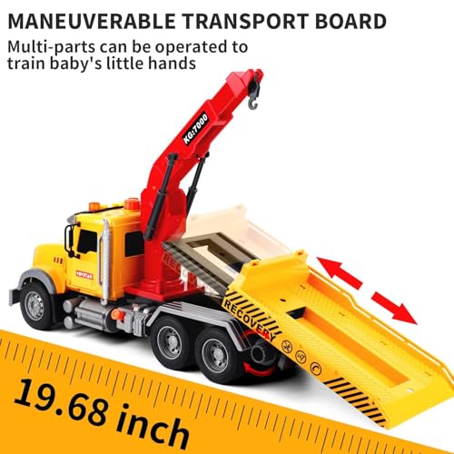 Dwi Dowellin Kids Toys for 3 4 5 6 7 Years Old Boys, 15" Large Tow Truck Toy,Friction Powered Transport Truck Crane Toy with Lights and Sounds,with Roadster,Boys Gifts