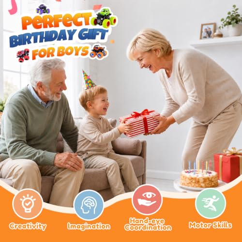 ANAOER 4 Pack Monster Trucks Toys for Boys 2 3 4 5 6 7 Year Old, Friction Powered Pull Back Car Toys for Toddlers Kids Ages 3-5 2-4 4-7, Best Birthday Christmas Party Gift for Boys and Toddlers