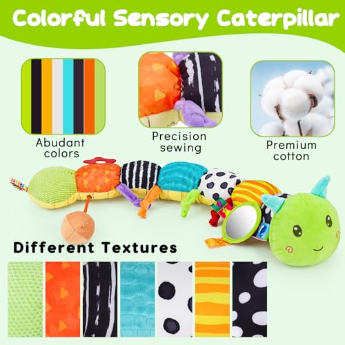 Baby Toys 0-6 Months Musical Stuffed Caterpillar Newborn Tummy Time Toys | Sensory Toys with Mirror Crinkle Rattle for Infants 0-3 3-6 2 3 4 5 6-12 Months Old Babies Boy Girl Shower Gifts Essentials