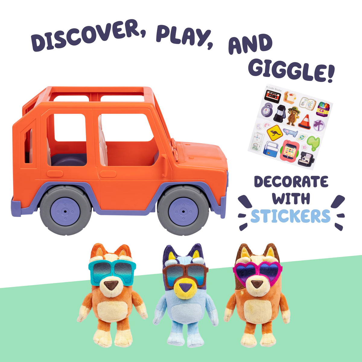 Bluey Big Heeler 4WD Toy Car, Bingo & Chilli Plush Buddies | Mega-sized car with opening hood storage & sticker sheet; Bluey toys for kids ages 3+, Amazon Exclusive