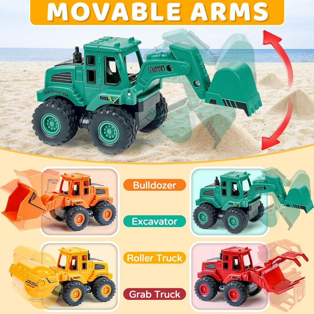 Beestech Construction Truck Toys for 3 4 5 Year Old Boys Toddler | Friction Powered Truck Toys，Sandbox Vehicles ，Sand Toys ，Durable ABS Plastic， Moving Claws （Colorful 4 Pack）