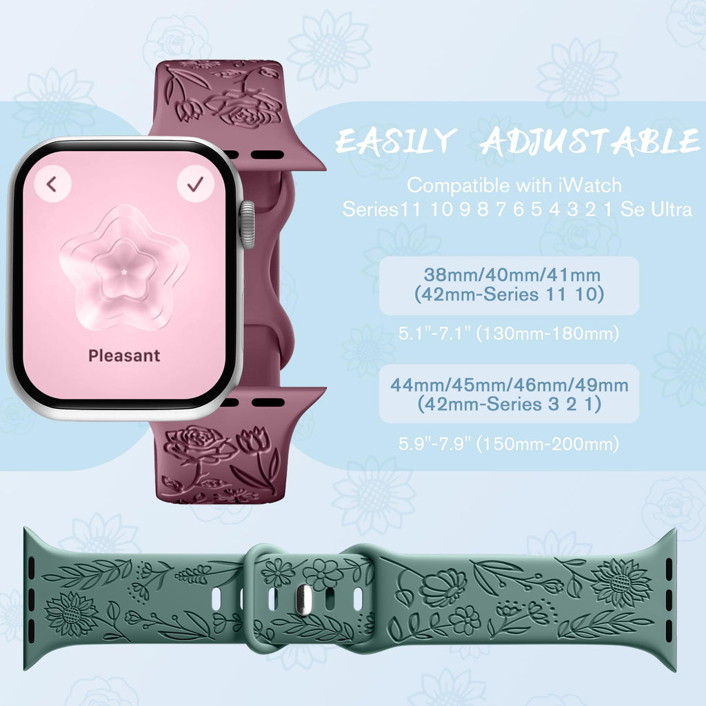6 Pack Floral Engraved Bands Compatible with Apple Watch for Women | Cute Silicone Straps for Series 12 11 10 9 8 7 6 5 4 SE 3/2/1 Ultra, Wristband for iWatch 42mm 40mm 41mm 38mm 44mm 45mm 46mm