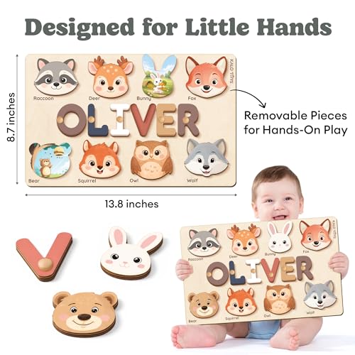 Personalized Name Puzzle for Toddlers 1-3 | Custom Wooden Baby Girl Gift with 48 Animal Art Sets | 1st Birthday Gift for Girls | Personalized Baby Boy & Girl Gifts Keepsake