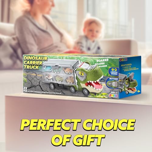 JOYIN 13 in 1 Dinosaur Toys for Kids 3-5, Transport Dinosaur Carrier Truck with 12 Pull Back Cars, Kids Toys 3-4 Birthday Gifts for 3 4 5+ Year Old Boys