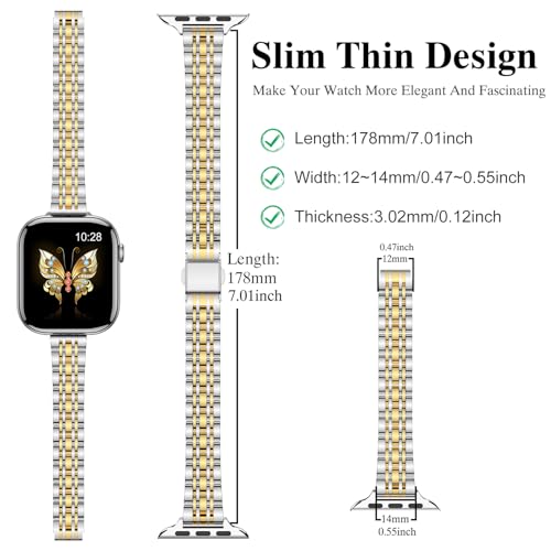 MioHHR Slim Metal Band Compatible with Apple Watch Bands 42/41/40/38mm | Thin Luxury Stainless Steel iWatch Bands Series 12/11/10/9/8/7/6/5/4/3/2/1/SE3/SE2/SE for Women,Silver/Gold