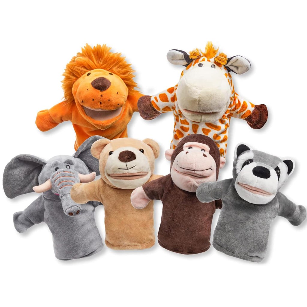 JOYIN 6Pcs Kids Hand Puppet Set with Working Mouth, Plush Toy Includes Elephant, Giraffe, Lion, Bear, Raccoon and Monkey for Show Theater, Stuffed Animals, Kids Toys for Girls & Boys