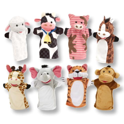 Melissa & Doug Animal Hand Puppets 2-Pack 8-Piece Pretend Play Set | 8 Piece Hand Puppet Set, 4 Farm Animals, 4 Zoo Animals, Washable Fabric, Storytelling Play, Toddler Toys for Kids, Ages 2+