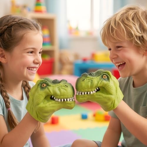2 Pack Stretchy Dinosaur Hand Puppets - Realistic Soft Rubber T-Rex Toys | Green & Red Dino Party Favors, Classroom Storytelling, Kids Bath Roleplay Gifts, Outdoor Goodie Bags