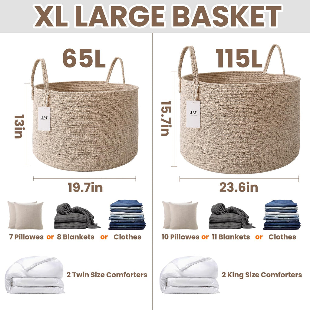 JMvicyroam 65L Extra Large Machine Washable Cotton Rope Blanket Basket | Collapsible Laundry Hamper, Reinforced Handles, For Blankets, Pillows, Toys and Clothes, Living Room and Bedroom, Oatmeal