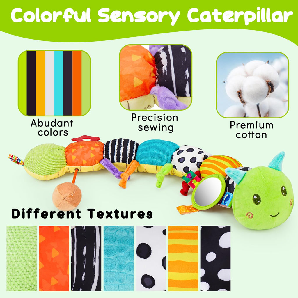 Baby Toys 0-6 Months Musical Stuffed Caterpillar Newborn Tummy Time Toys | Sensory Toys with Mirror Crinkle Rattle for Infants 0-3 3-6 2 3 4 5 6-12 Months Old Babies Boy Girl Shower Gifts Essentials
