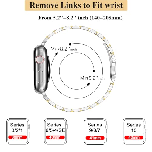 MioHHR Slim Metal Band Compatible with Apple Watch Bands 42/41/40/38mm | Thin Luxury Stainless Steel iWatch Bands Series 12/11/10/9/8/7/6/5/4/3/2/1/SE3/SE2/SE for Women,Silver/Gold