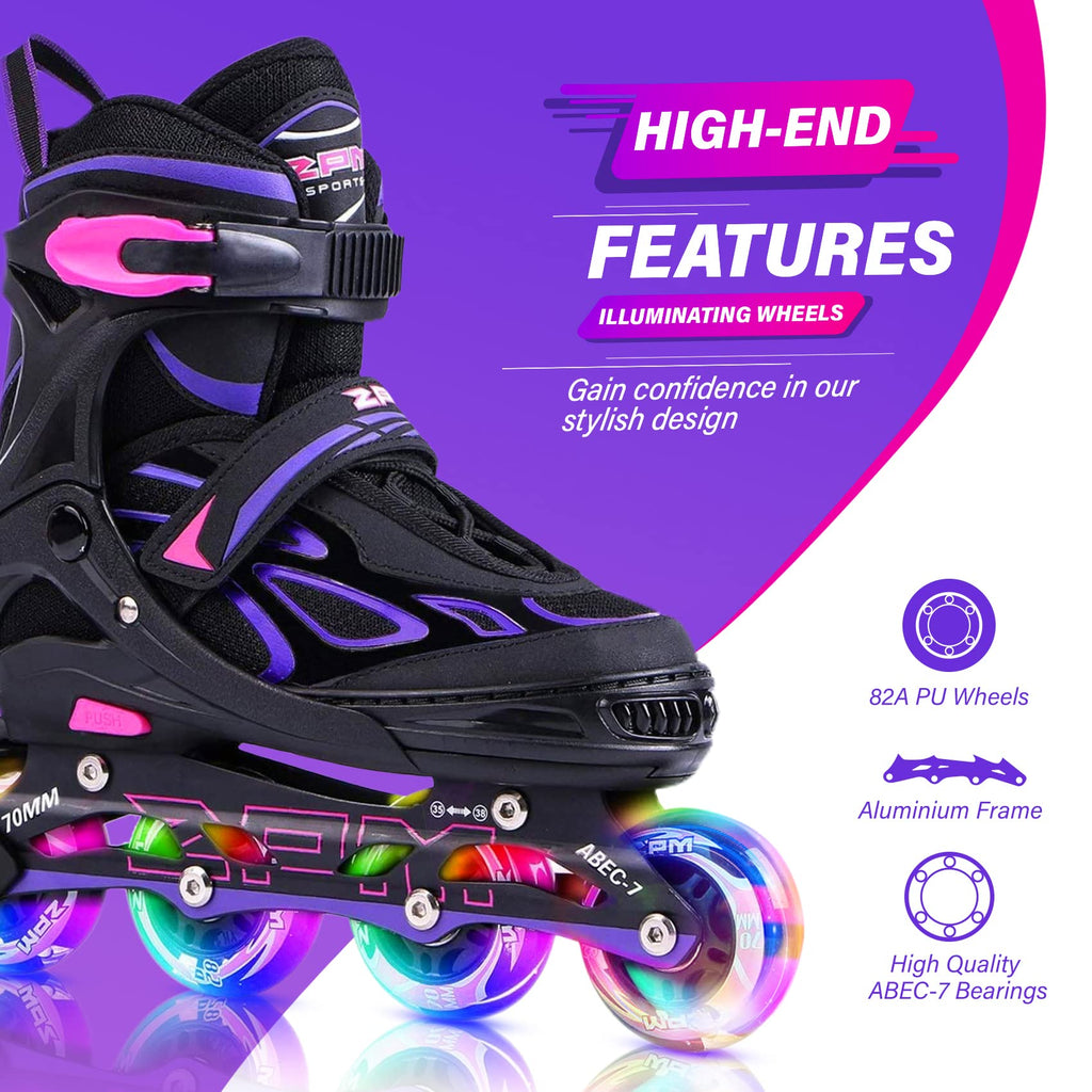 2PM SPORTS Adjustable Inline Skates for Kids, Youth and Adults | Reinforced aluminum frame; lateral support; beginner friendly; triple closure; light-up wheels; 2 non-woven bags