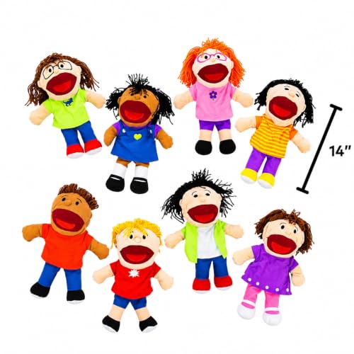 Fun Express Hand Puppets for Kids, 8 Multicultural, 14 Inch | Plush with Movable Mouths, Speech Therapy, Social Emotional Learning, Dramatic Play