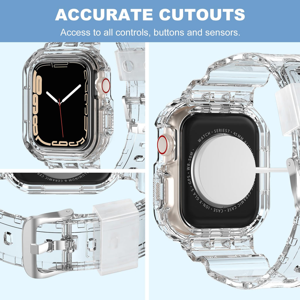 XYF Compatible for Crystal Clear Apple Watch Bands 45/44mm CrystalClear | Jelly Sport Strap&Bumper Case Cover for Men Women,Compatible for iWatch Series 9 8 7 6 5 4 SE 3 2 1,45mm/44mm Crystal Clear