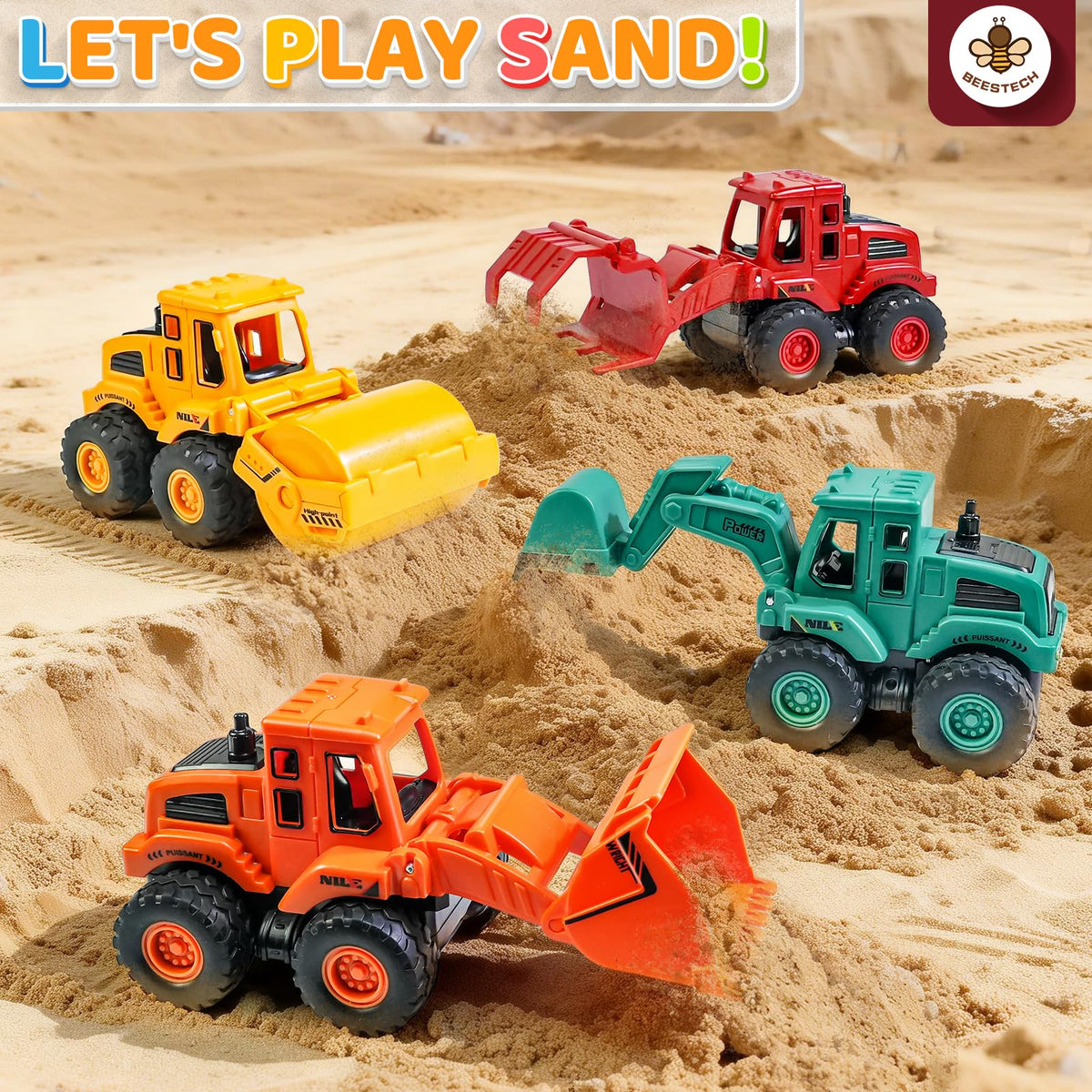 Beestech Construction Truck Toys for 3 4 5 Year Old Boys Toddler | Friction Powered Truck Toys，Sandbox Vehicles ，Sand Toys ，Durable ABS Plastic， Moving Claws （Colorful 4 Pack）