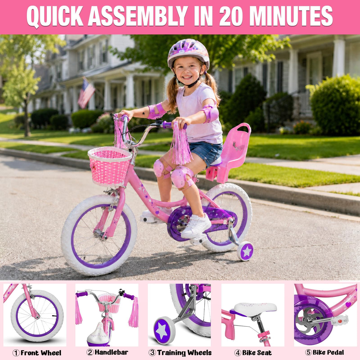 Yventix 14 16 Inch Kids Bike Girls Toddle Bicycle Ages 3-7 Training Wheels | High Carbon Steel Frame, Training Wheels, Basket, Doll Seat, Hand & Coaster Brakes, Chain Guard, Adjustable Seat & Handlebar