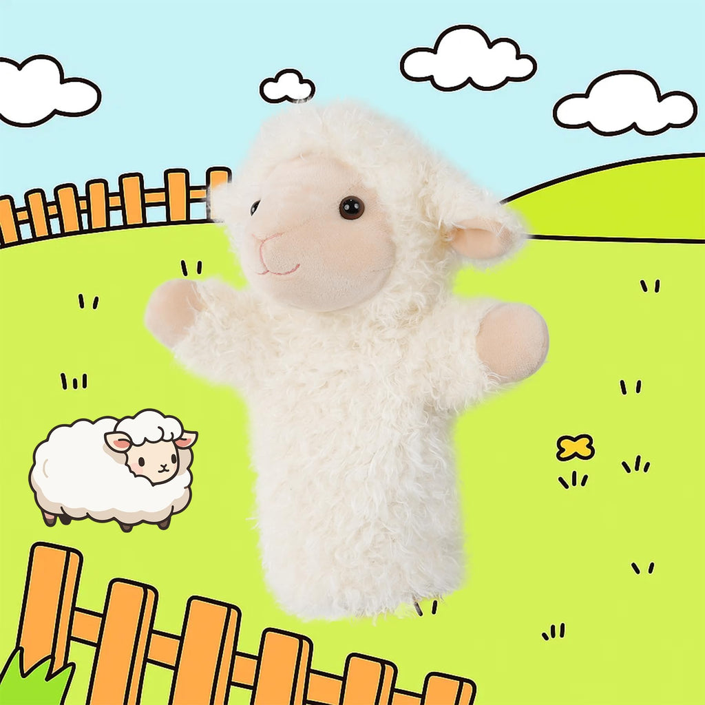 JUSTQUNSEEN Sheep Hand Puppets Lamb Plush Toy Stuffed Animal Soft Fuzzy for Baby Story Time Safe Washable Stuffed Adult Hands Fit Interactive Play