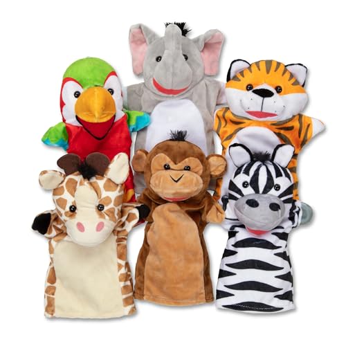 Melissa & Doug Safari Buddies Plush Hand Puppets 6-Piece Pretend Play Set | 6 Plush Safari Animal Hand Puppets, Elephant, Tiger, Parrot, Giraffe, Monkey, Zebra, Washable, Toddler Toys for kids, Ages 2+