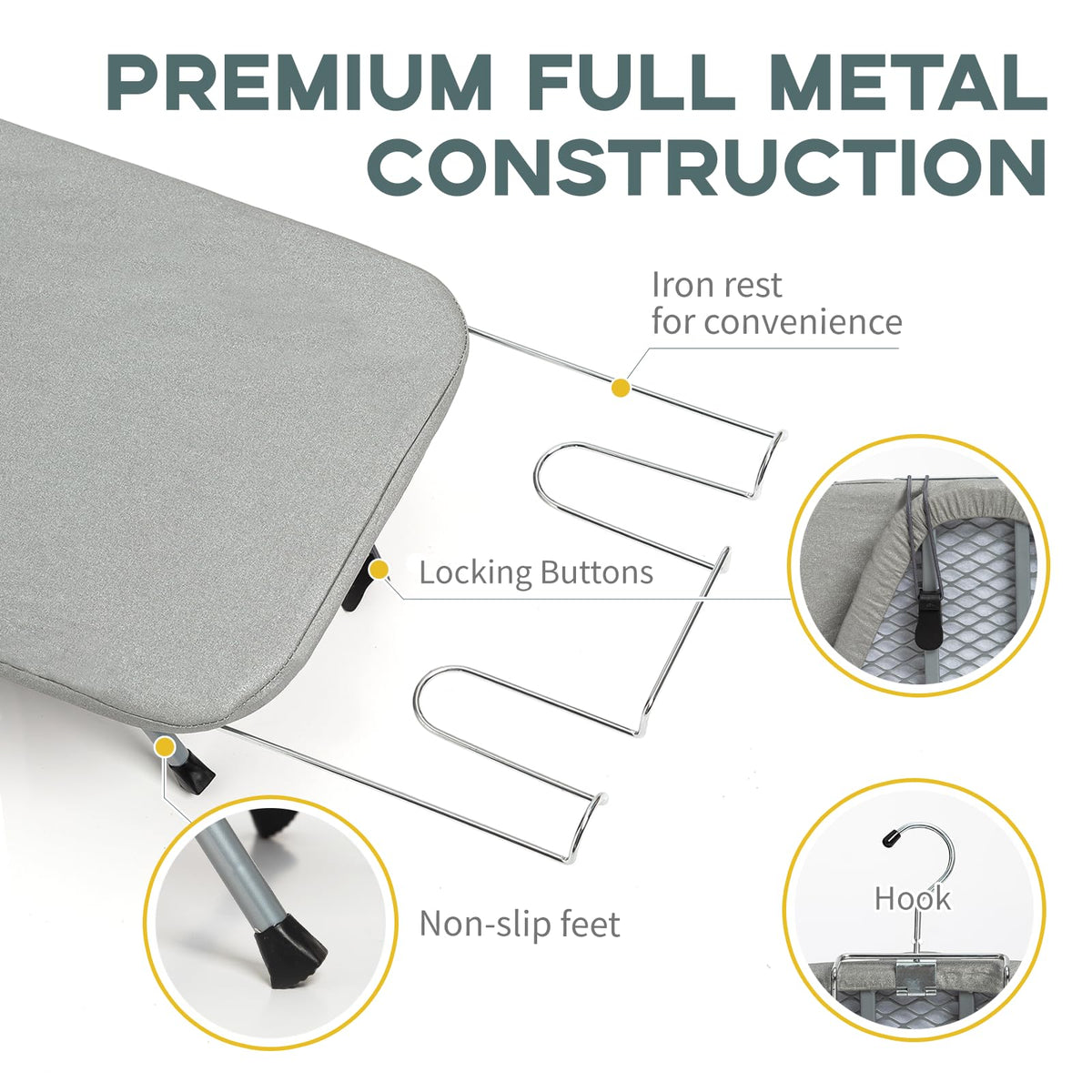 RAINHOL Gray Mini Tabletop Ironing Board 31"x12" | Metal Foldable with Iron Rest, Heat Resistant Cover for Travel Small Space