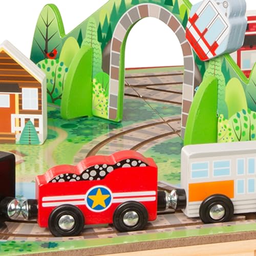 Melissa & Doug Take-Along Railroad Wooden Tabletop Play Set | 17 Pieces, Portable Playset, Railroad Pretend Play, 3 Trains, 1 Truck, Animals, Preschool Learning Toys for Kids, Ages 3+