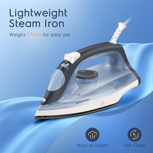 BEAUTURAL Compact Steam Iron for Clothes with Non-Stick Soleplate, Blue | Burst of Steam, Spray Mist, Self-Cleaning, Anti-Calcium, Anti-Drip, Easy Temperature Control, Light Weight, 1200 Watts