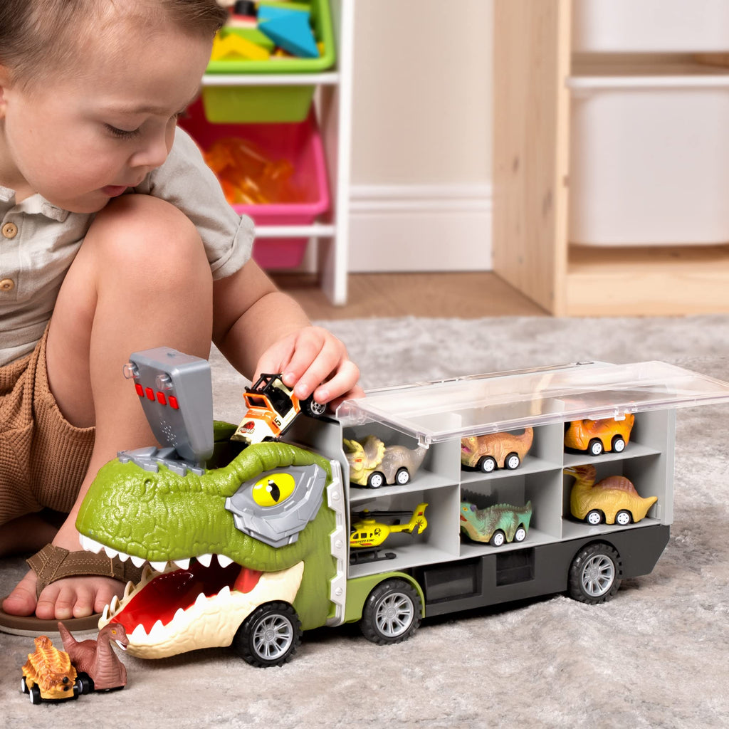 JOYIN 13 in 1 Dinosaur Toys for Kids 3-5, Transport Dinosaur Carrier Truck with 12 Pull Back Cars, Kids Toys 3-4 Birthday Gifts for 3 4 5+ Year Old Boys