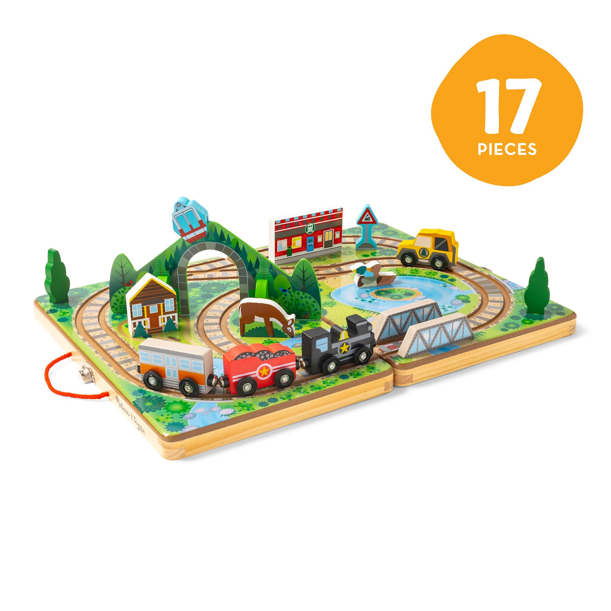 Melissa & Doug Take-Along Railroad Wooden Tabletop Play Set | 17 Pieces, Portable Playset, Railroad Pretend Play, 3 Trains, 1 Truck, Animals, Preschool Learning Toys for Kids, Ages 3+