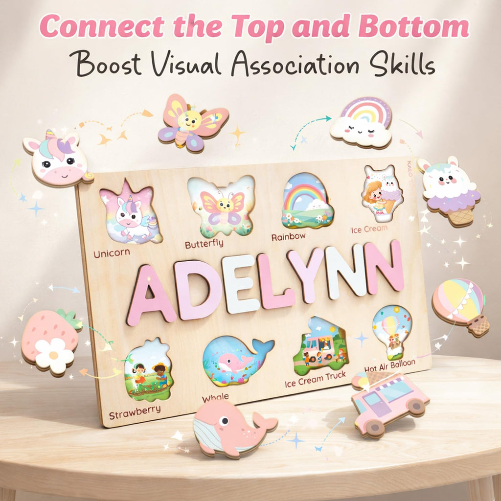 Personalized Name Puzzle for Toddlers 1-3 | Custom Wooden Baby Girl Gift with 48 Animal Art Sets | 1st Birthday Gift for Girls | Personalized Baby Boy & Girl Gifts Keepsake