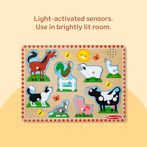 Melissa & Doug Farm Animals Wooden Sound Peg Puzzle 8-Piece Set | 8 Peg Pieces, Wooden Board, Light-Activated Sounds, Builds Matching & Motor Skills, Montessori Inspired Toddler Toys, Ages 2+