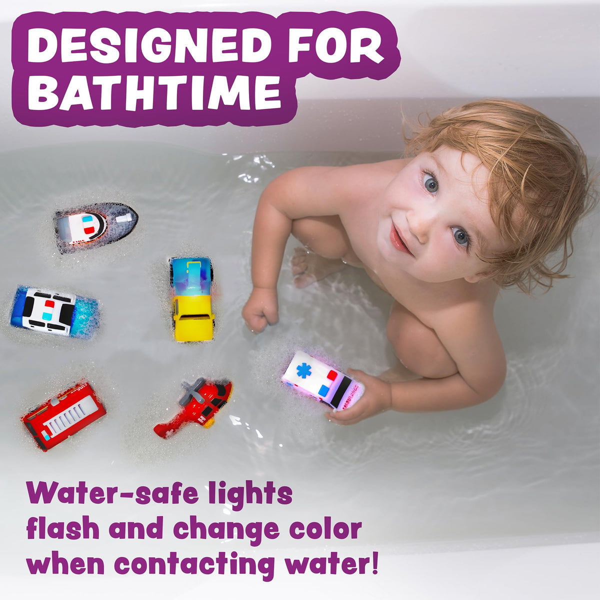 Tub Works® Emergency™ Cars Light Up Bath Toys, 6 Pack | Water-Activated Light Up Toys Flash & Change Colour | Soft, Squeezable Baby & Toddler Bath Toys | Sensory Toys with Bath Lights for Kids Bath