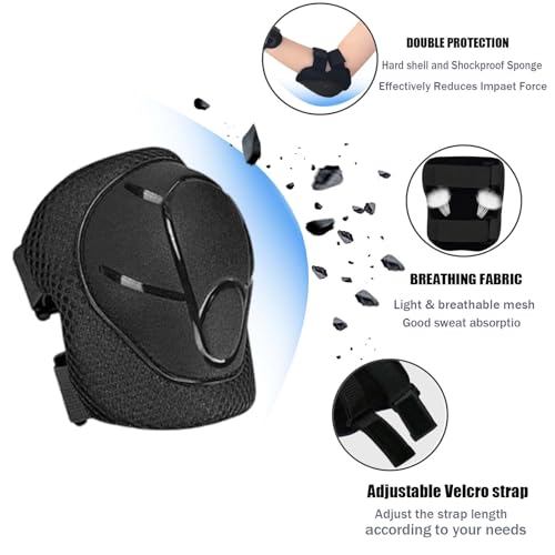 HocIece Kids/Youth Knee Pads Elbow Pads for 3-14Years Boys Girls 6 in 1 Kids Protective Gear Set Adjustable for Skating Cycling Bike Rollerblading Scooter Roller Skates