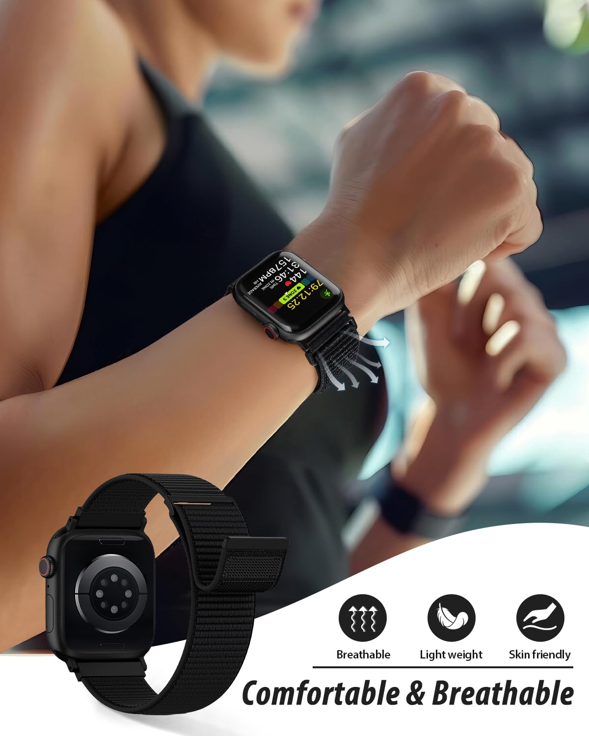 Nylon Loop Sport Band Compatible with Apple Watch Bands 44mm 45mm 46mm 49mm 42mm for Women Men, iWatch Wrist Straps for Ultra 4 3 2, Se, Series 12 11 10 9 8 7, Breathable, Soft Band Ideal for Outdoor