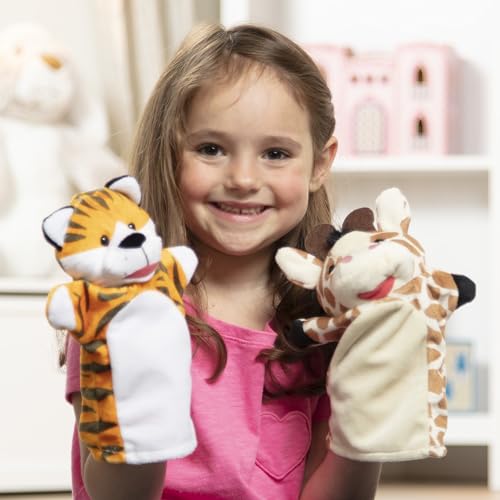 Melissa & Doug Zoo Friends Soft Plush Hand Puppets 4-Piece Glove Set | 4 Plush Hand Puppets, Elephant, Giraffe, Tiger, Monkey, Washable Puppet Gloves, Pretend Play, Toddler Toys for Kids, Ages 2+