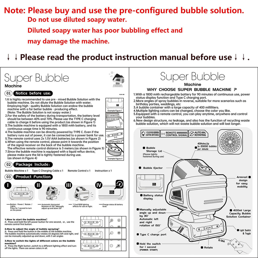 Upgraded Bubble Machine Outdoor Toys for Kids & Wedding Party | Auto Rotation,Type-C Rechargeable,Remote Control,RGB Lights