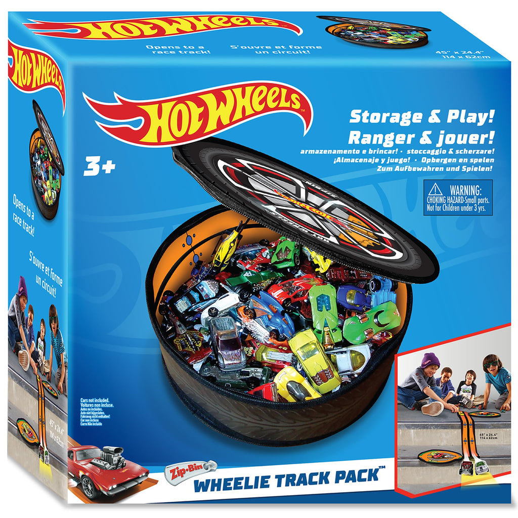 Hot Wheels ZipBin Wheelie Track Pack - Portable Toy Car Storage, Ages 3+ | Unzips Into 35.5in Racetrack Play Mat, Holds 100 Cars, Circle Tire Design with Carrying Handles for Travel, Ages 3+