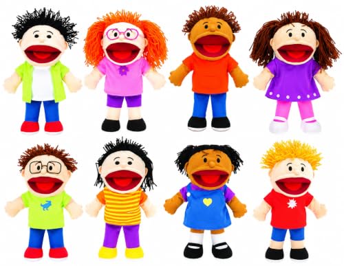 Fun Express Hand Puppets for Kids, 8 Multicultural, 14 Inch | Plush with Movable Mouths, Speech Therapy, Social Emotional Learning, Dramatic Play