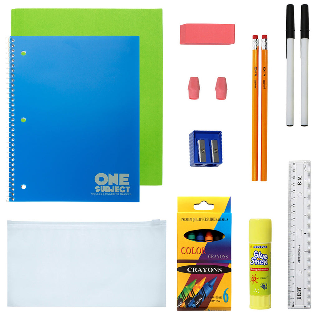 12 Wholesale 17" Backpacks in 12 Assorted Colors and Prints & 12 Bulk School Supply Kits of Your Choice