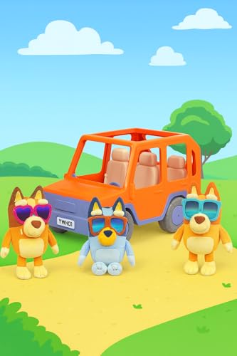 Bluey Big Heeler 4WD Toy Car, Bingo & Chilli Plush Buddies | Mega-sized car with opening hood storage & sticker sheet; Bluey toys for kids ages 3+, Amazon Exclusive