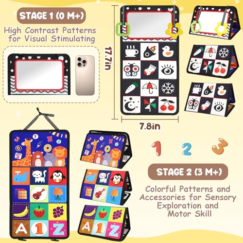 URMYWO Tummy Time Mirror Toys, High Contrast Baby Toys for Newborn | Visual Stimulation Black and White Baby Toys, Sensory Crinkle Book Toy for Infant 0-3-6-12 Months, Boy Girl Shower Gifts