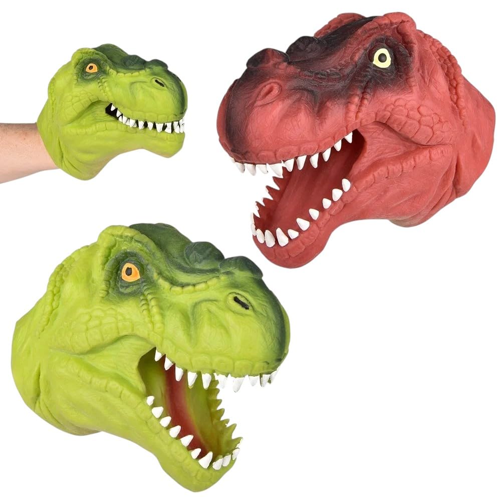2 Pack Stretchy Dinosaur Hand Puppets - Realistic Soft Rubber T-Rex Toys | Green & Red Dino Party Favors, Classroom Storytelling, Kids Bath Roleplay Gifts, Outdoor Goodie Bags
