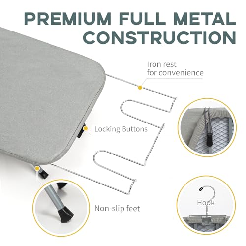 RAINHOL Gray Mini Tabletop Ironing Board 31"x12" | Metal Foldable with Iron Rest, Heat Resistant Cover for Travel Small Space