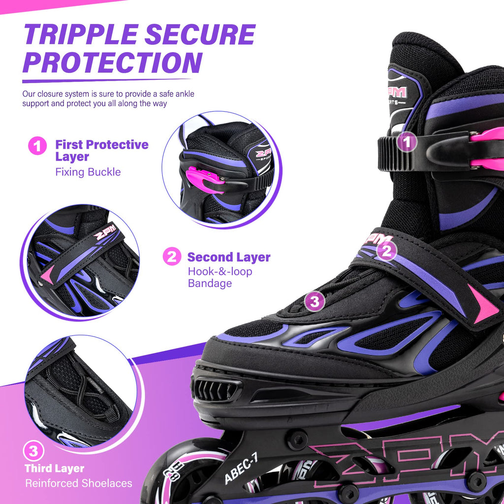 2PM SPORTS Adjustable Inline Skates for Kids, Youth and Adults | Reinforced aluminum frame; lateral support; beginner friendly; triple closure; light-up wheels; 2 non-woven bags