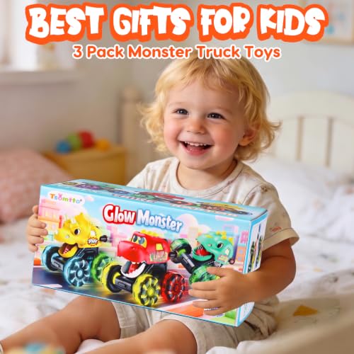 Monster Truck Toys Dinosaur Cars, Press and Go Light Up Cars for Toddlers | LED Wheels Dino Truck Toys for Toddler Boys Girls Gifts, Dinosaur Cars for 2 Year Old Boy Christmas Birthday Gifts