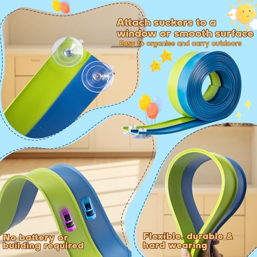 Flex Tracks 15 Ft for Kids Starter Set, Flexible Race Car Ramp Track with Suction Cups Compatible with Diecast 1/64th Cars for Ages 3 & Up (Green & Blue)