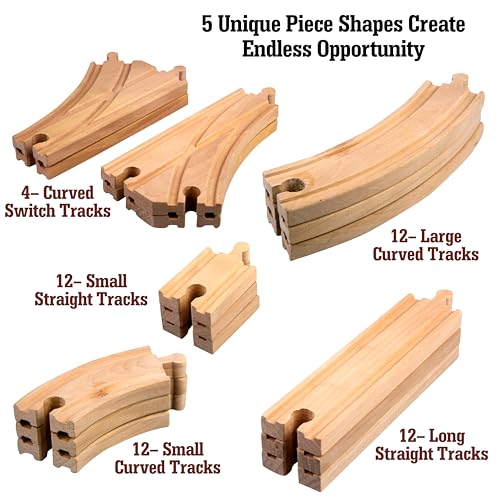 Wooden Train Track 52 Piece Set-18 Feet Of Track Expansion - 5 Distinct Pieces - 100% Compatible with All Major Brands Including Thomas Wooden Railway System: Screen Free Christmas Gift For Toddlers